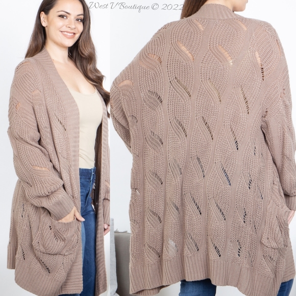 West V Boutique Sweaters - 16) Last 1! Mocha Crochet Knit Plus Size Cardigan with Dual Pockets